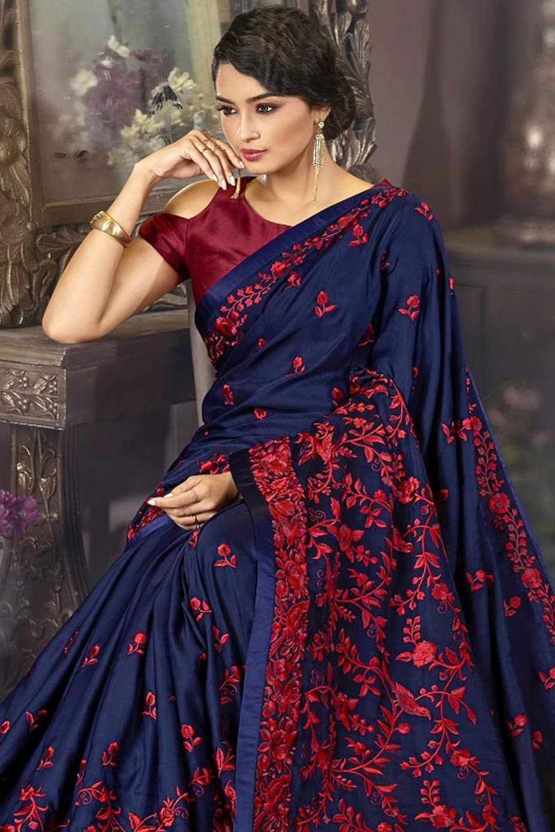 Shaded Blue Embroidered Saree With Blouse 5124SR09