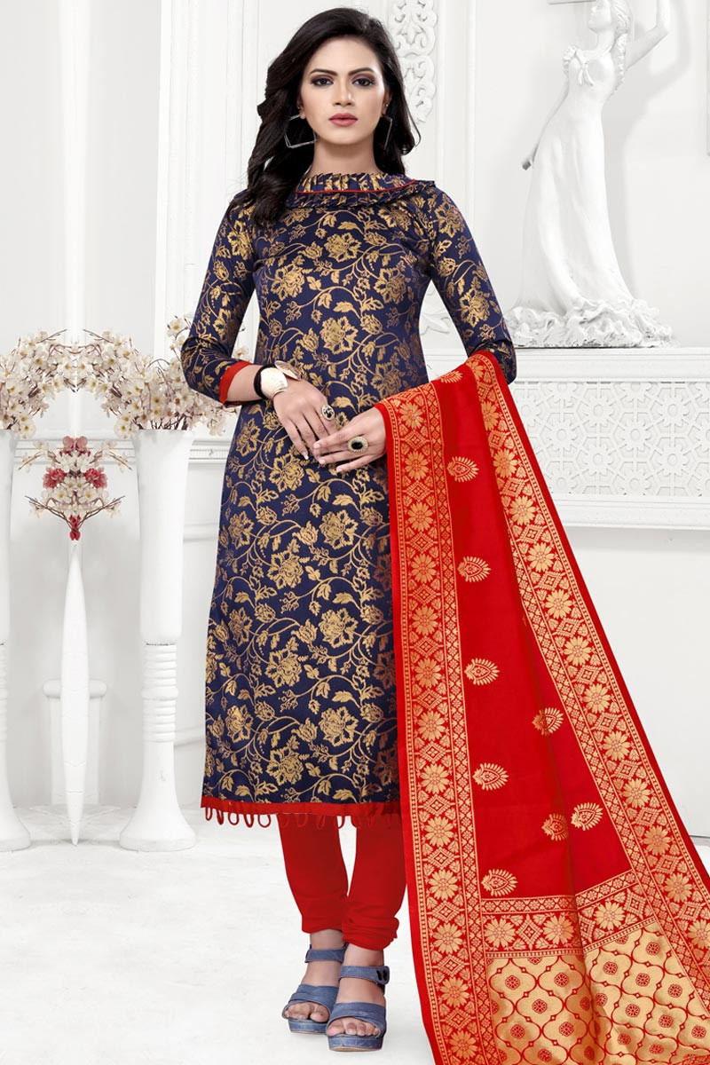 Churidar Suit in Navy Blue Woven Zari Fabric LSTV08846