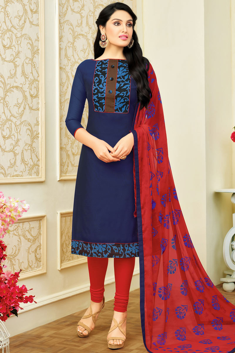 Unstitched Chanderi Cotton Printed Churidar Suit In Blue Colour