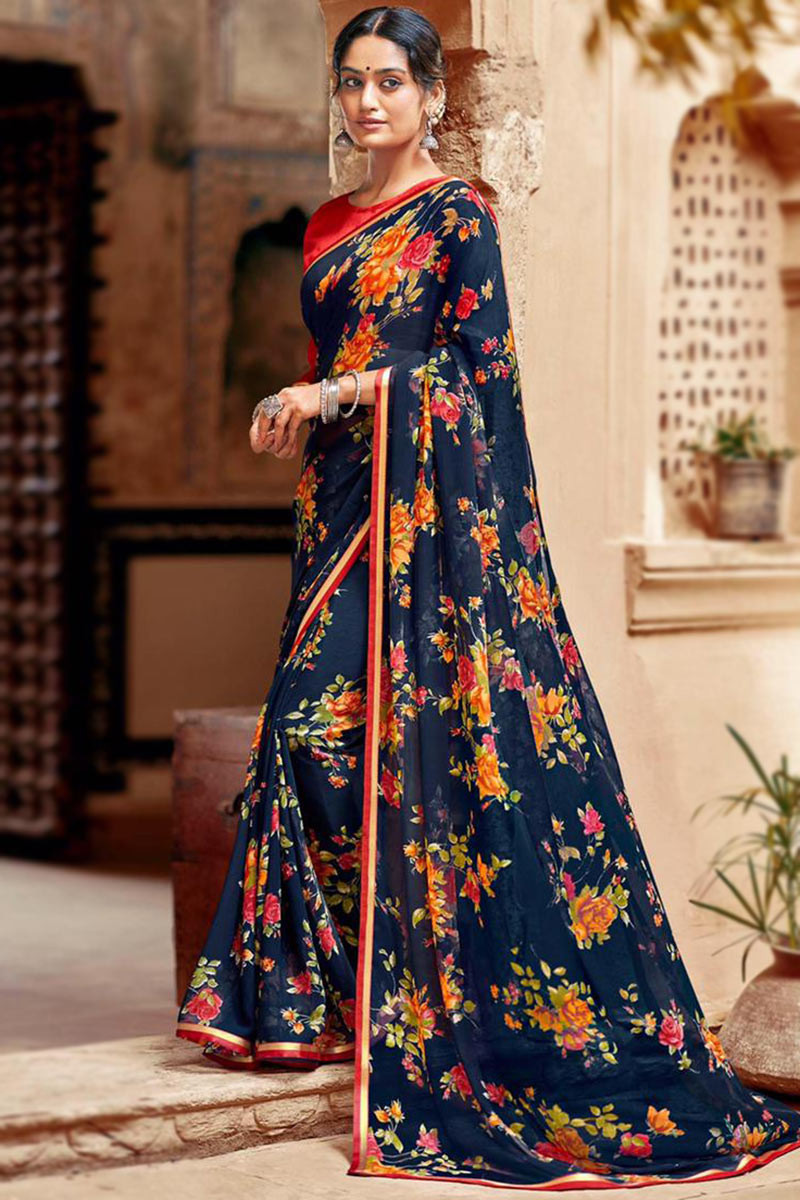 Designer Clothes Navy Blue Chiffon Printed Saree SARV139647
