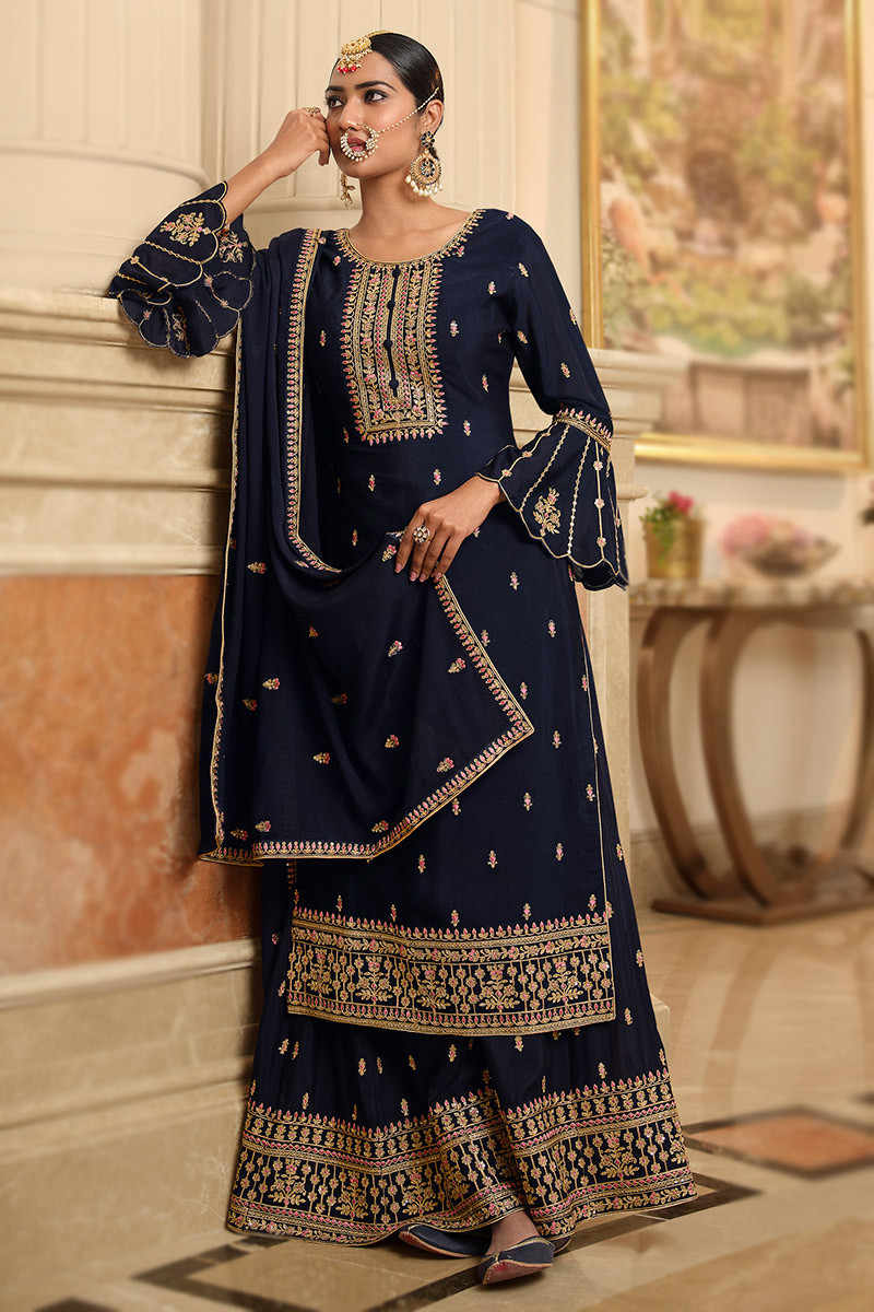 Andaaz Fashion Navy Blue Chinnon Embroidered Wedding Wear Trouser Suit