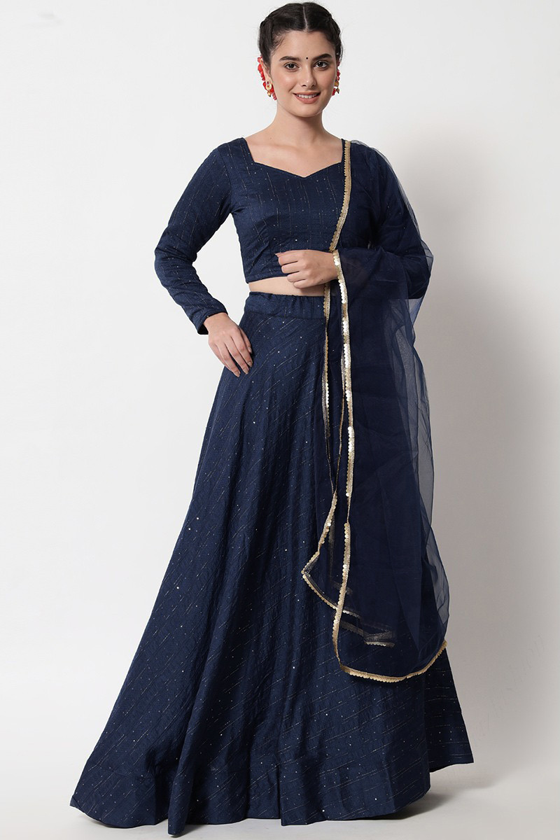Navy Blue Cotton Embroidered Indian Lehenga Blouse