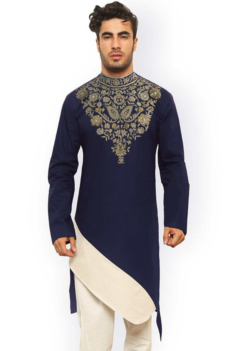Navy Blue Cotton Embroidered Men's Kurta
