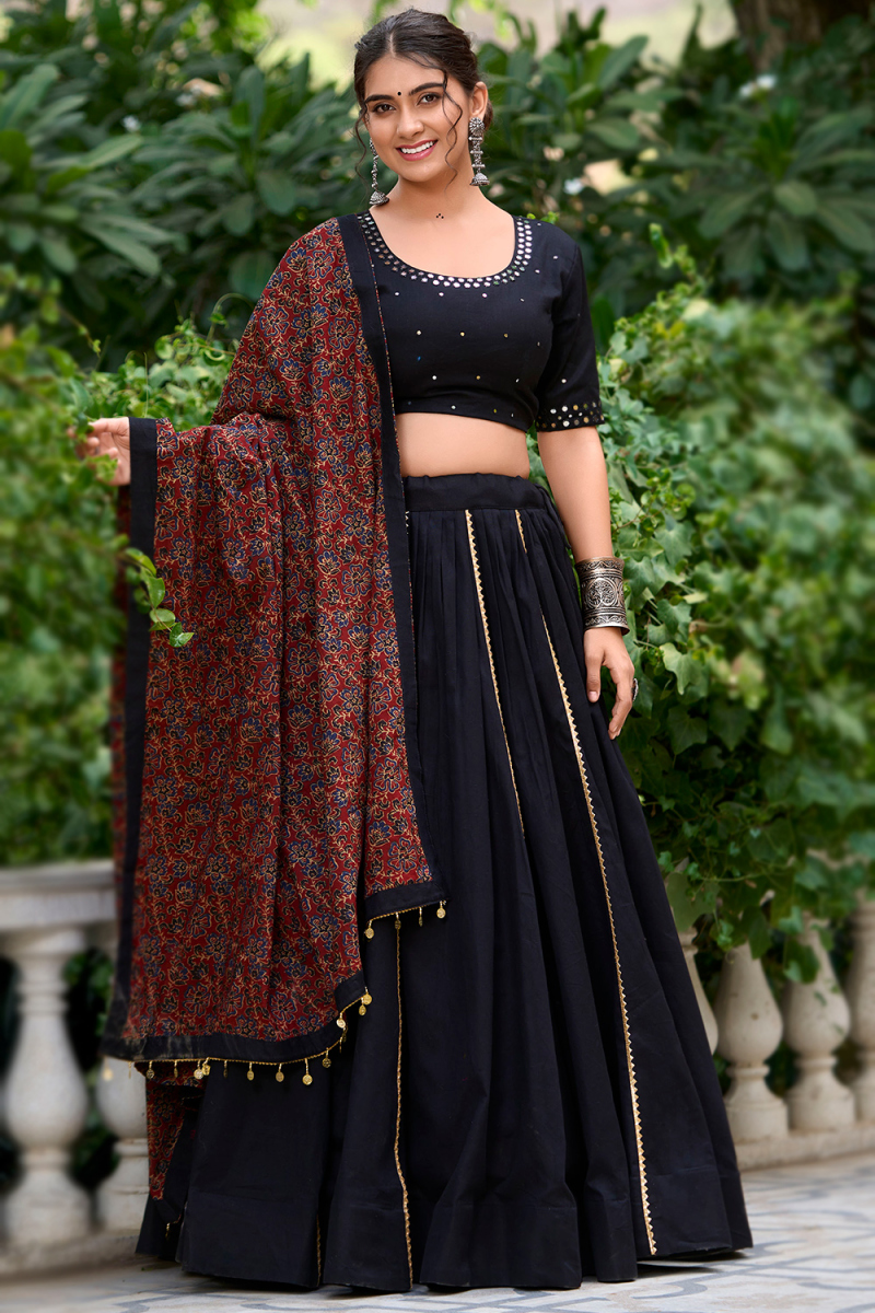 Navy Blue Cotton Flared Style Chaniya Choli With Gota Patti 