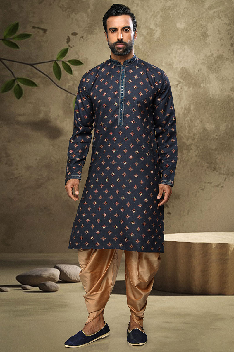 Navy Blue Cotton Men s Kurta With Dhoti Pants MKPA01742