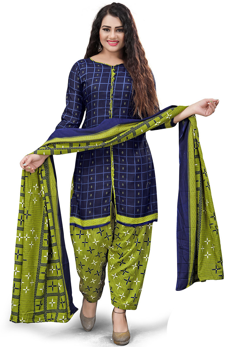 Navy Blue Cotton Printed Casual Wear Salwar Suit