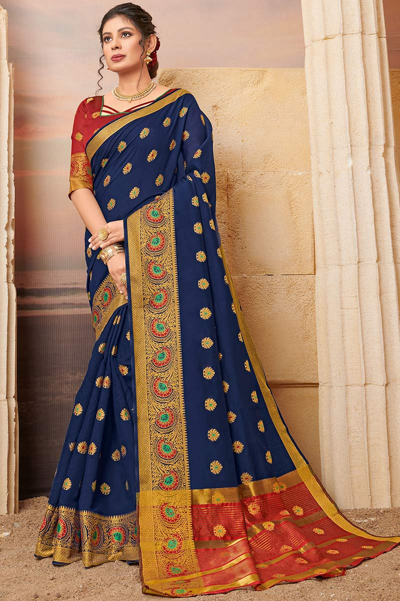 Navy blue cotton saree with golden border hot sale