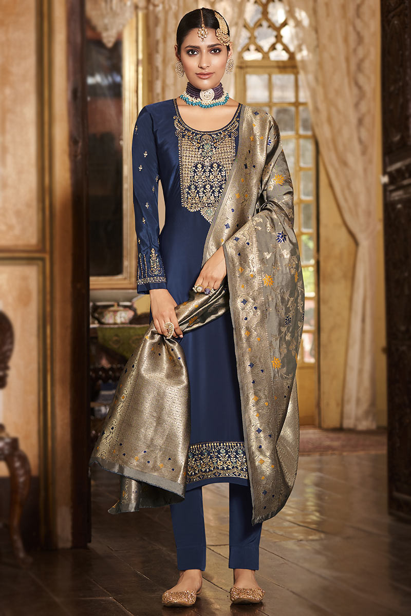 Buy Indian Suit Crepe Navy Blue Trouser Suit LSTV117543