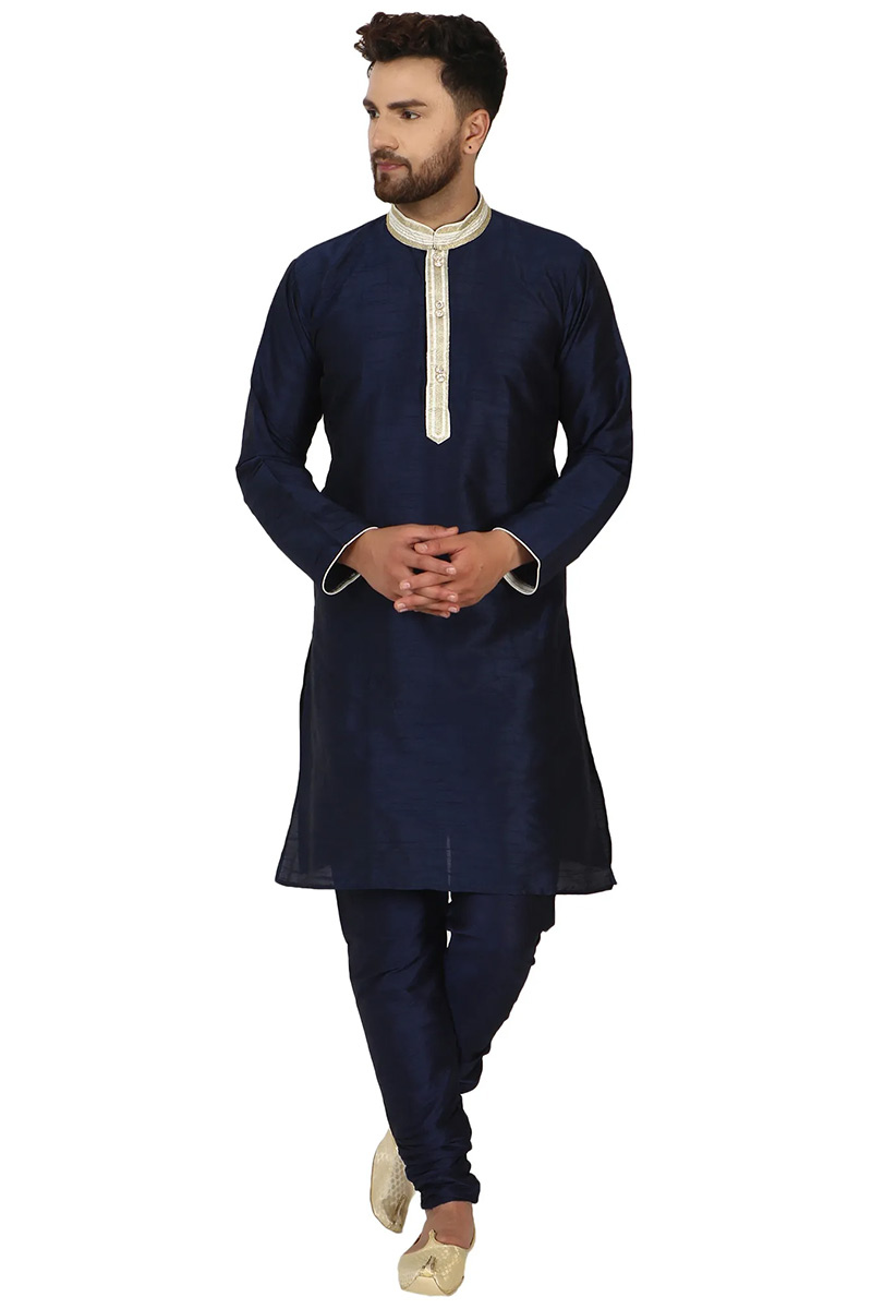 Navy Blue Dupion Silk Churidar Men's Kurta Pajama