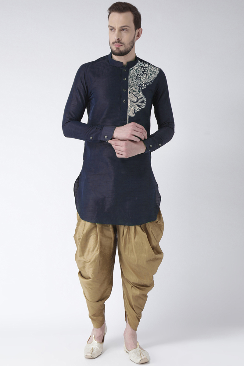 Navy Blue Dupion Silk Embroidered Straight Cut Men's Kurta Dhoti