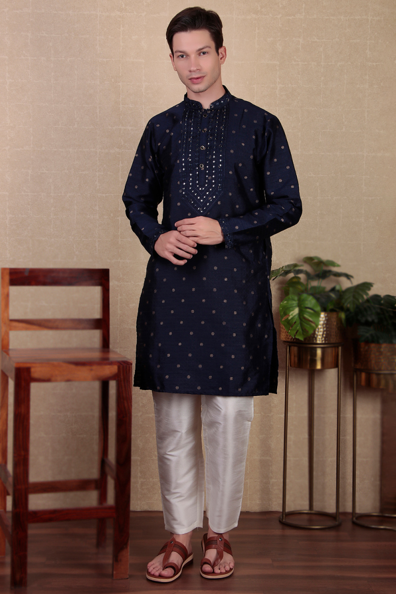Navy Blue Dupion Silk Embroidered Straight Cut Men's Kurta Pajama