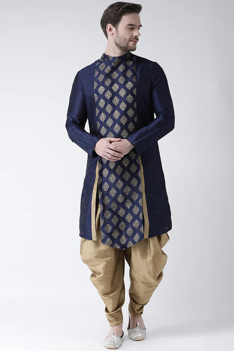 Dupion Silk Navy Blue Sangeet Men Kurta Pajama