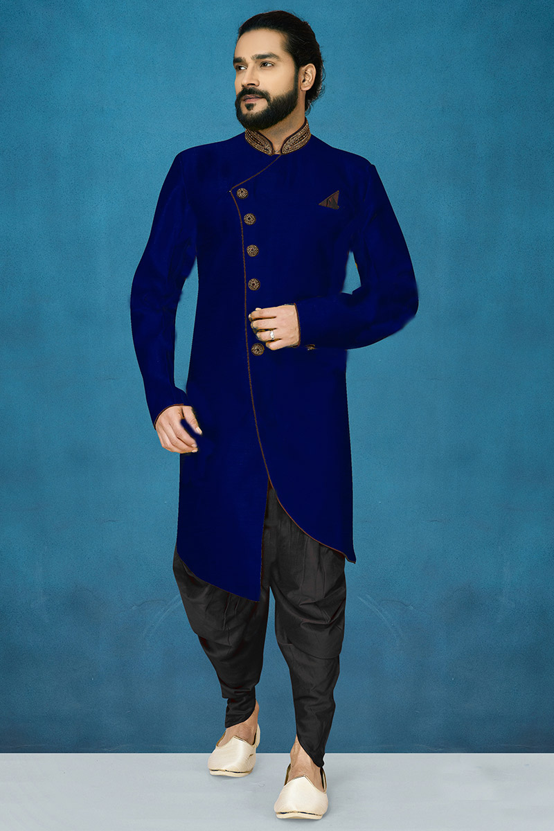 Navy Blue Sherwani with Beads, Cutdana & Stone Collar Work