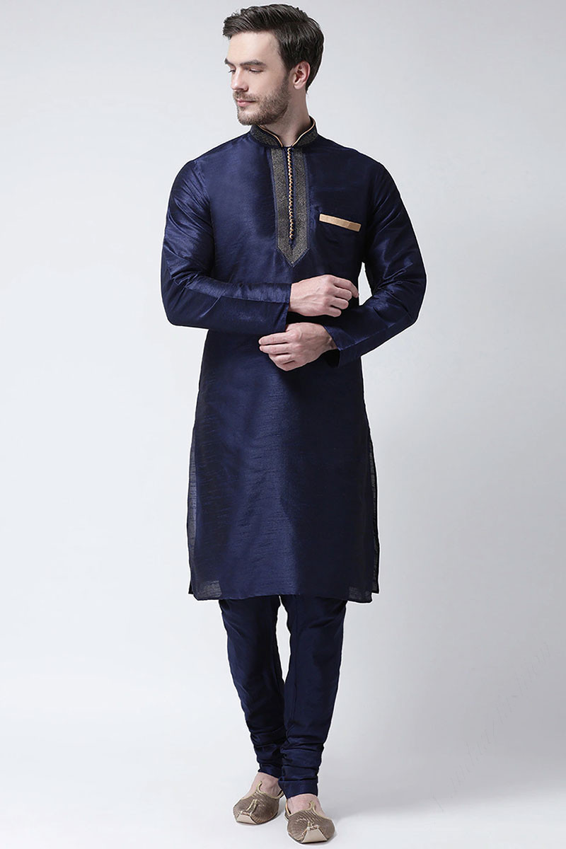 Navy Blue Dupion Silk Plain Men s Kurta Pajama
