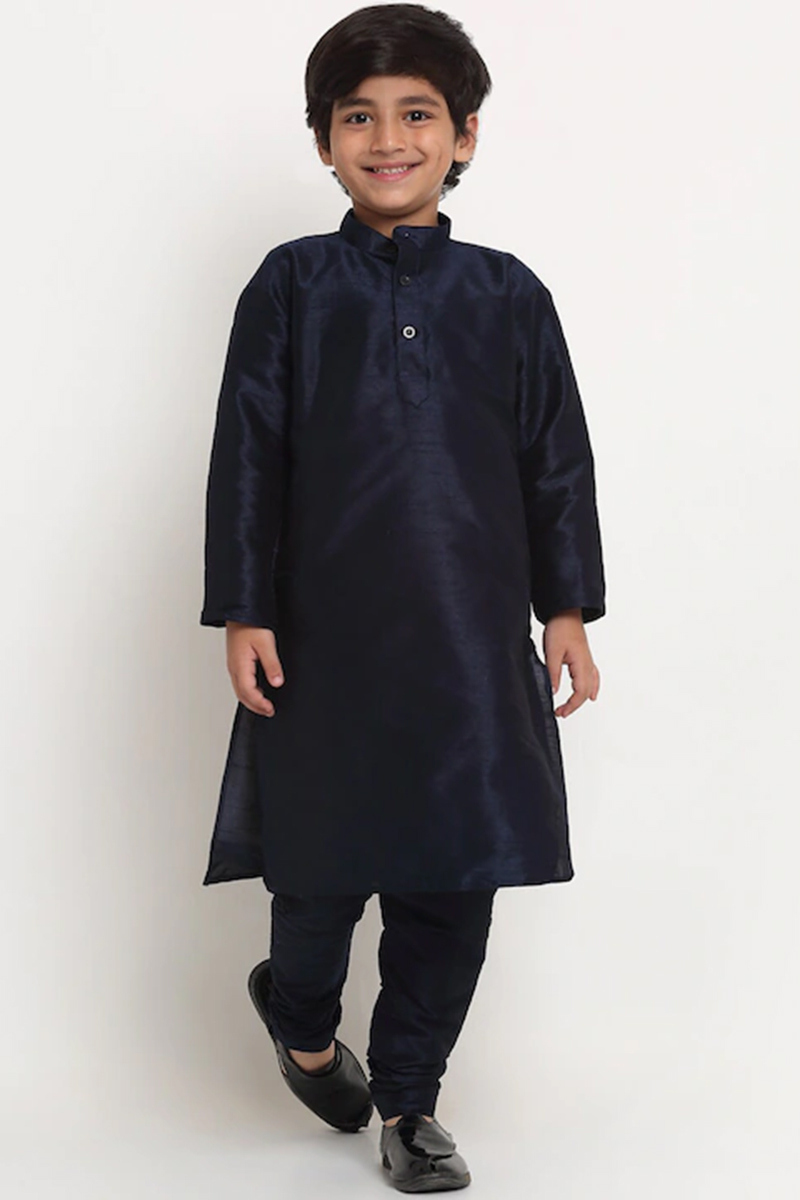 Navy Blue Dupion Silk Straight Cut Kid's Kurta churidar