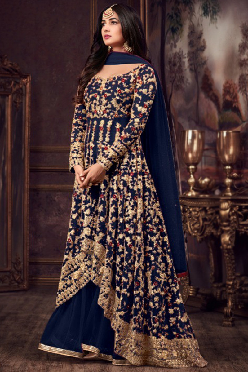 Navy Blue Embroidered Net High And Low Anarkali Suit LSTV126003