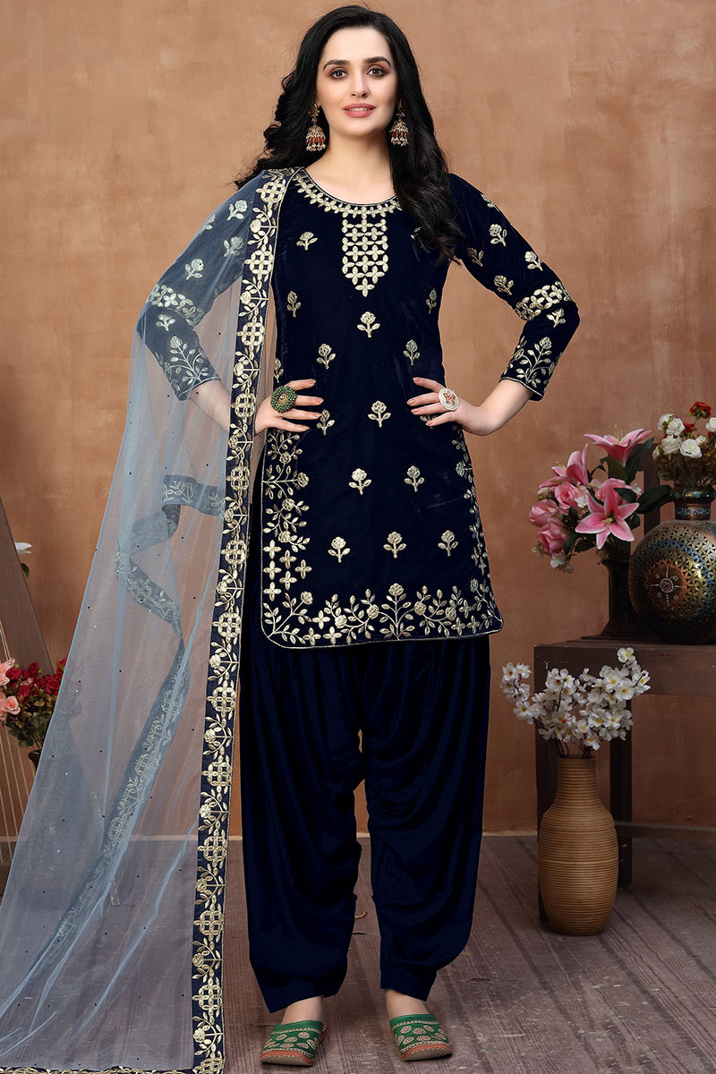 Buy Stylish Velvet Navy Blue Patiala Suit LSTV08201
