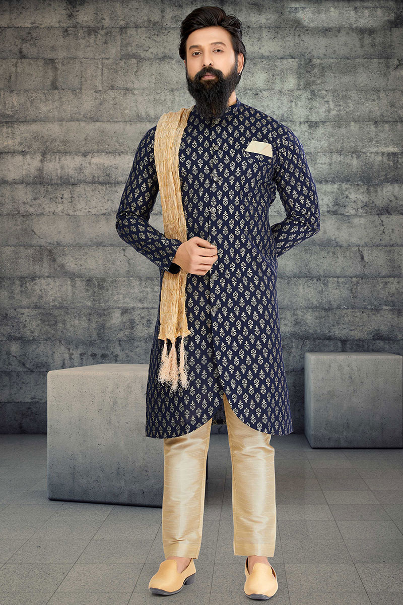Navy Blue Foil Print Indo Western Cotton Silk Men s Sherwani MSTV02806