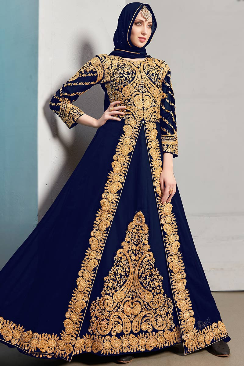 Anarkali Suit in Navy Blue Embroidered Fabric LSTV116831