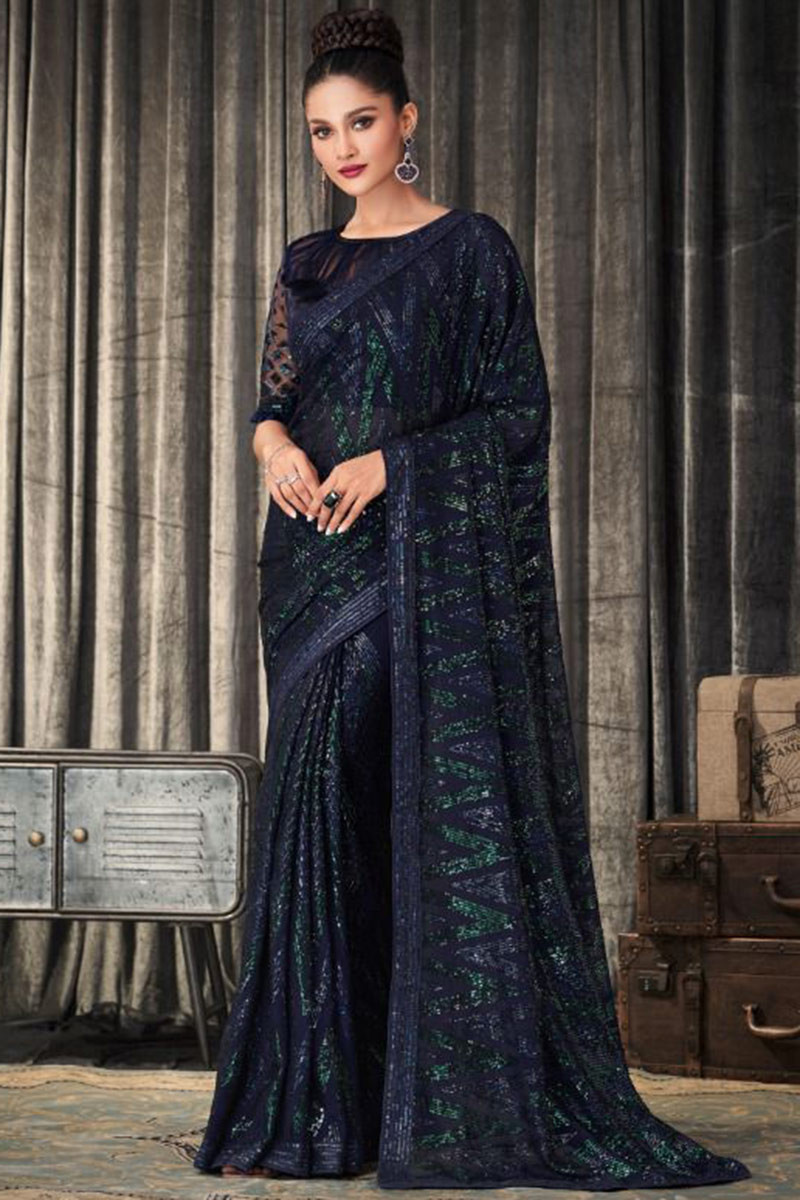 Banarasi Silk Navy Blue Weaving Designer Saree -