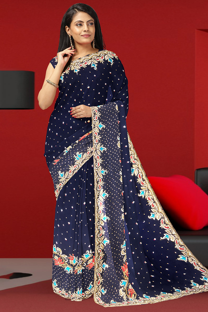 Navy Blue Color Georgette Sequence Work Designer Saree - Party Wear Sarees  - Sarees - Indian