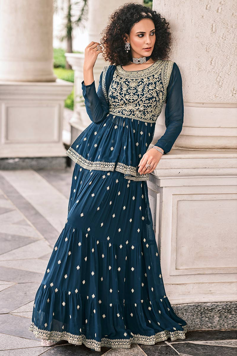 Prussian Blue Georgette Frock Style Sharara Suit