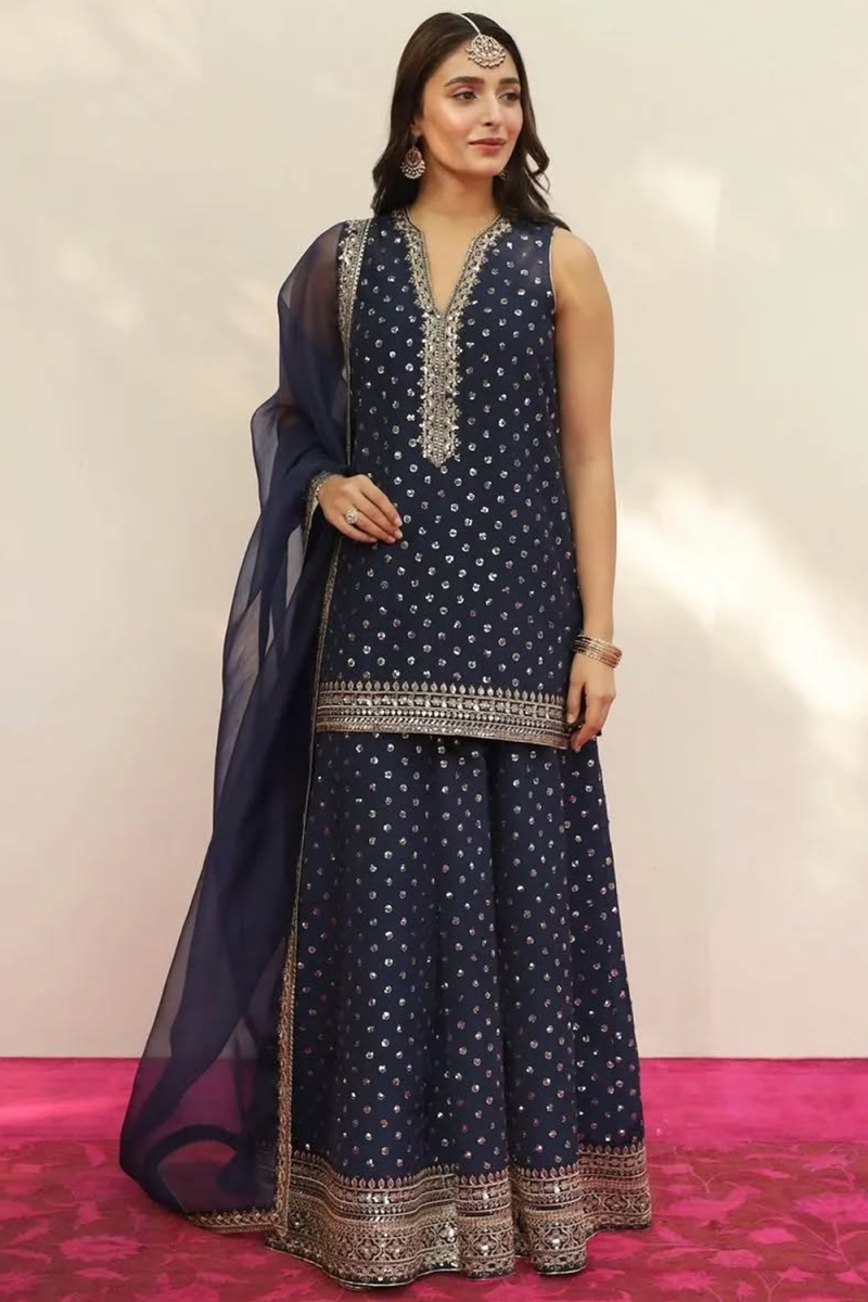 Navy Blue Georgette Sequins Embroidered Flared Style Lehenga