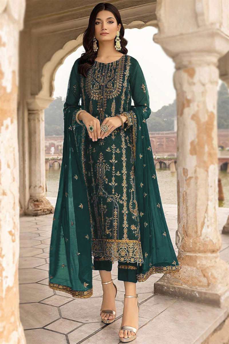 Teal Green Georgette Straight Cut Trouser Suit 