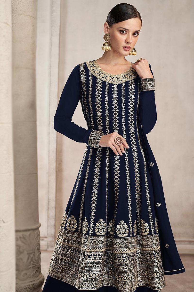 Aqua Blue Zari & Mirror Embroidered Festive Sharara Suit