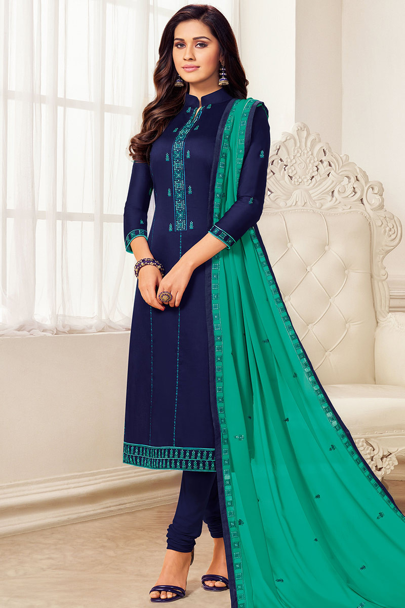Buy Navy Blue Indian Wear Cotton Silk Churidar Suit Online