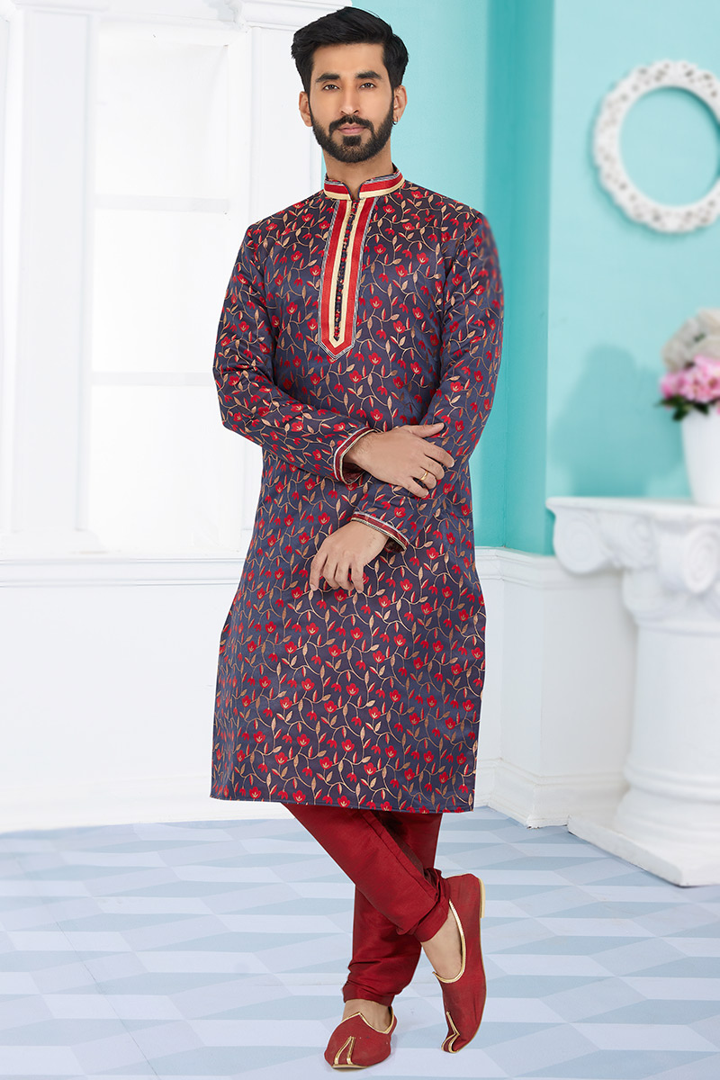 Navy Blue Jacquard Embroidered Men Kurta Pajama