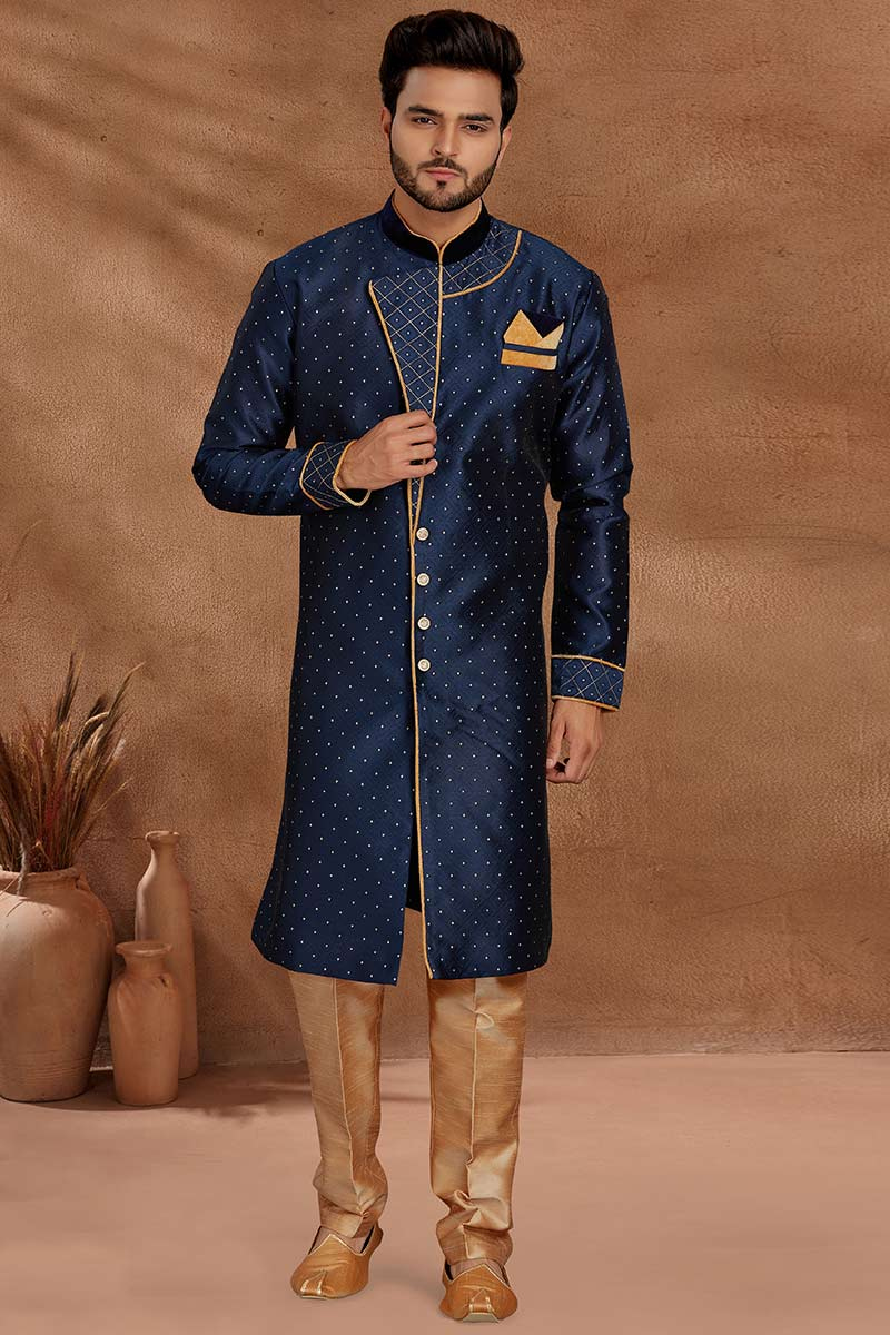 Navy Blue Jacquard Woven Men's Sherwani