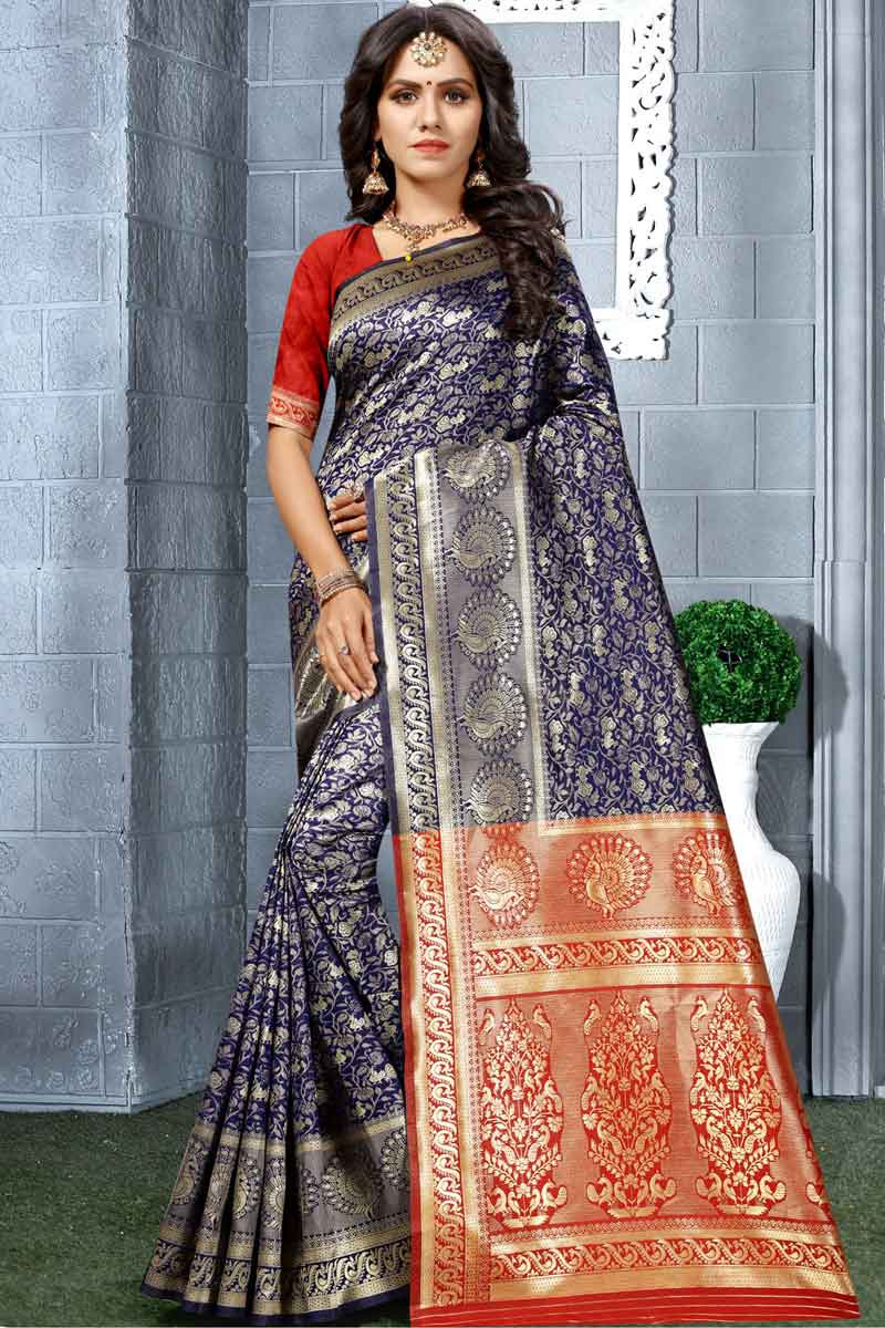 Hypnotic Navy Blue Kanjivaram Silk With Palimpsest Blouse Piece –  LajreeDesigner