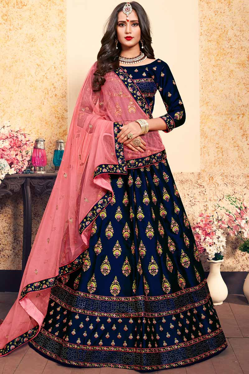 Navy blue lehenga with pink choli & dupatta outlet