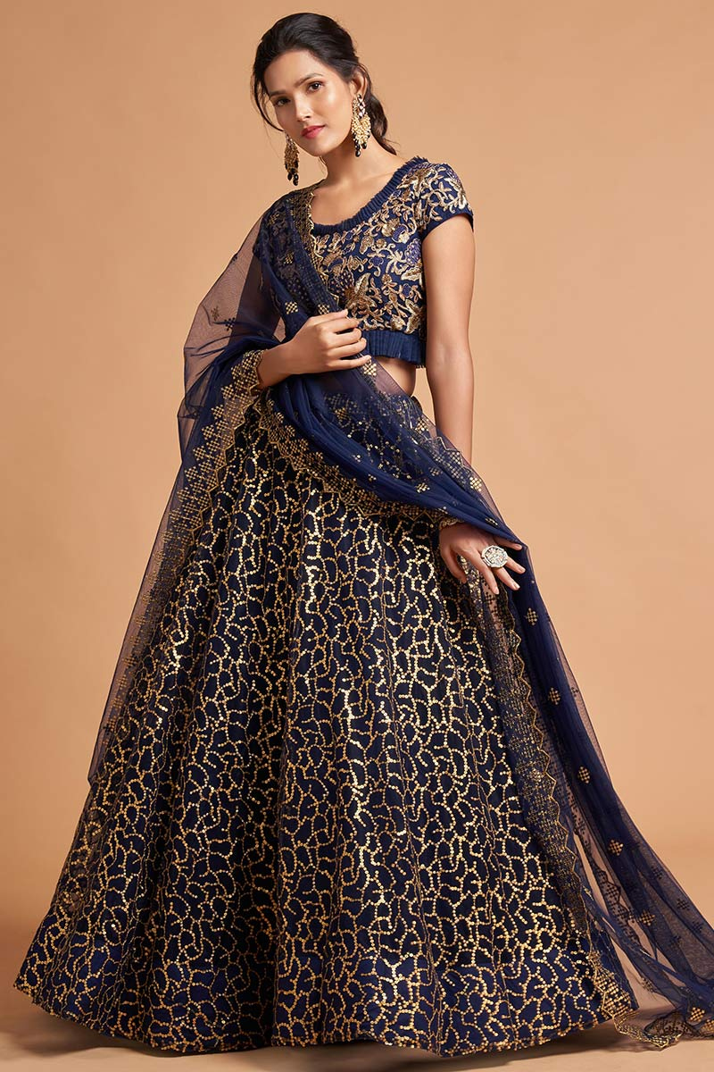 Navy Blue Net Embroidered Lehenga