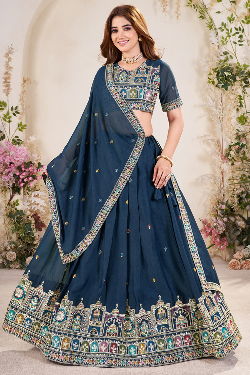Navy Blue Poly Georgette Embroidered Flared Style Lehenga 