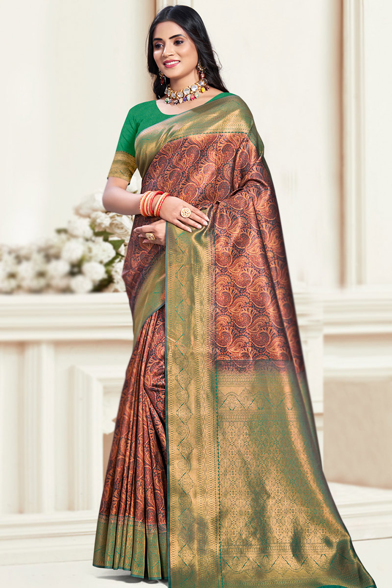 Navy Blue Printed Silk Broad Border Saree For Sangeet 