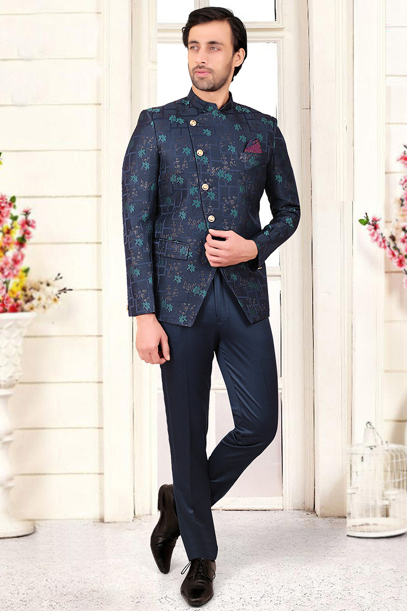 Navy Blue Printed Terry Rayon Jodhpuri Style Men s Sherwani MSTV03234