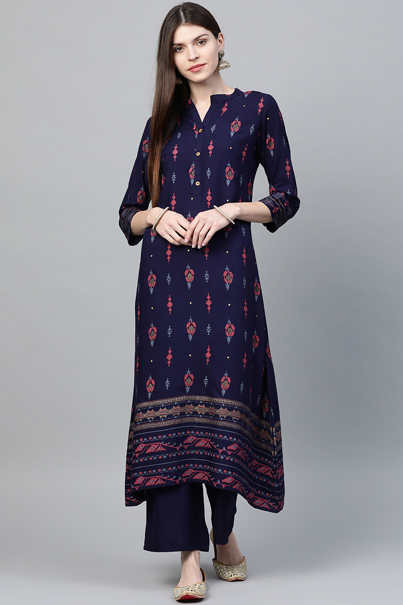 Navy Blue Rayon A-Line Printed Kurti