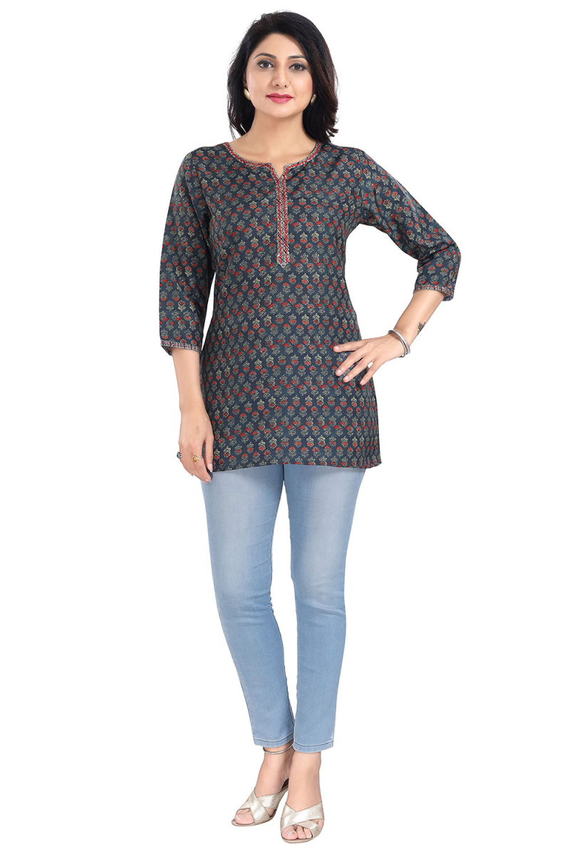 Navy Blue Rayon Printed Short Kurta For Women