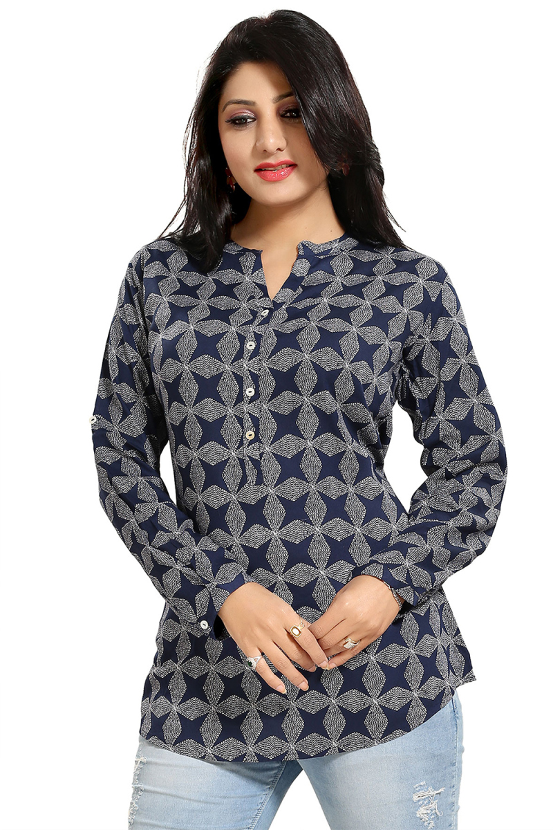 Navy Blue Rayon Printed Short Kurti 