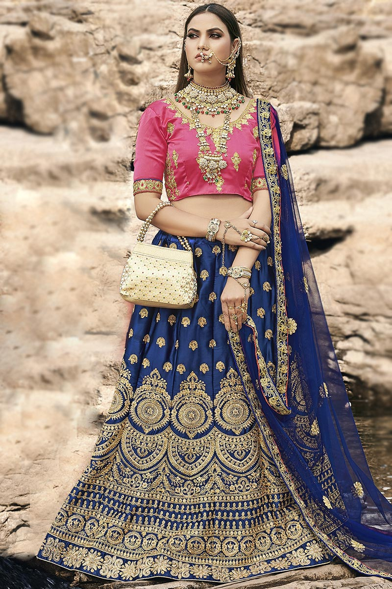 Navy Blue Satin Silk A Line Lehenga
