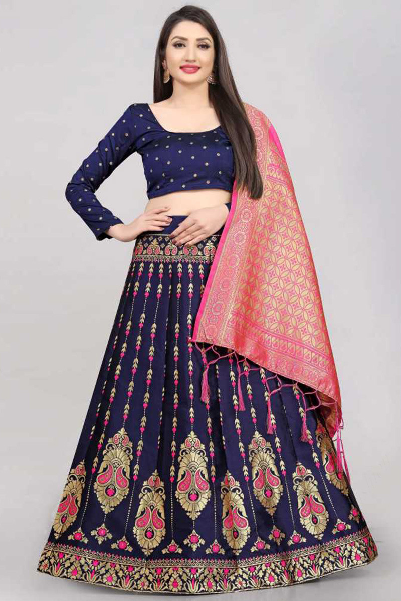 Amazon.com: Bollywood Designer Women's Taffeta Silk Lehenga Choli with  Blouse Piece semi Stitched (Free Size_Blue_Pink) : Clothing, Shoes & Jewelry