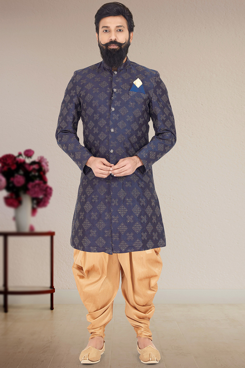 Men’s Navy Blue Sherwani in Silk with Intricate Resham Work