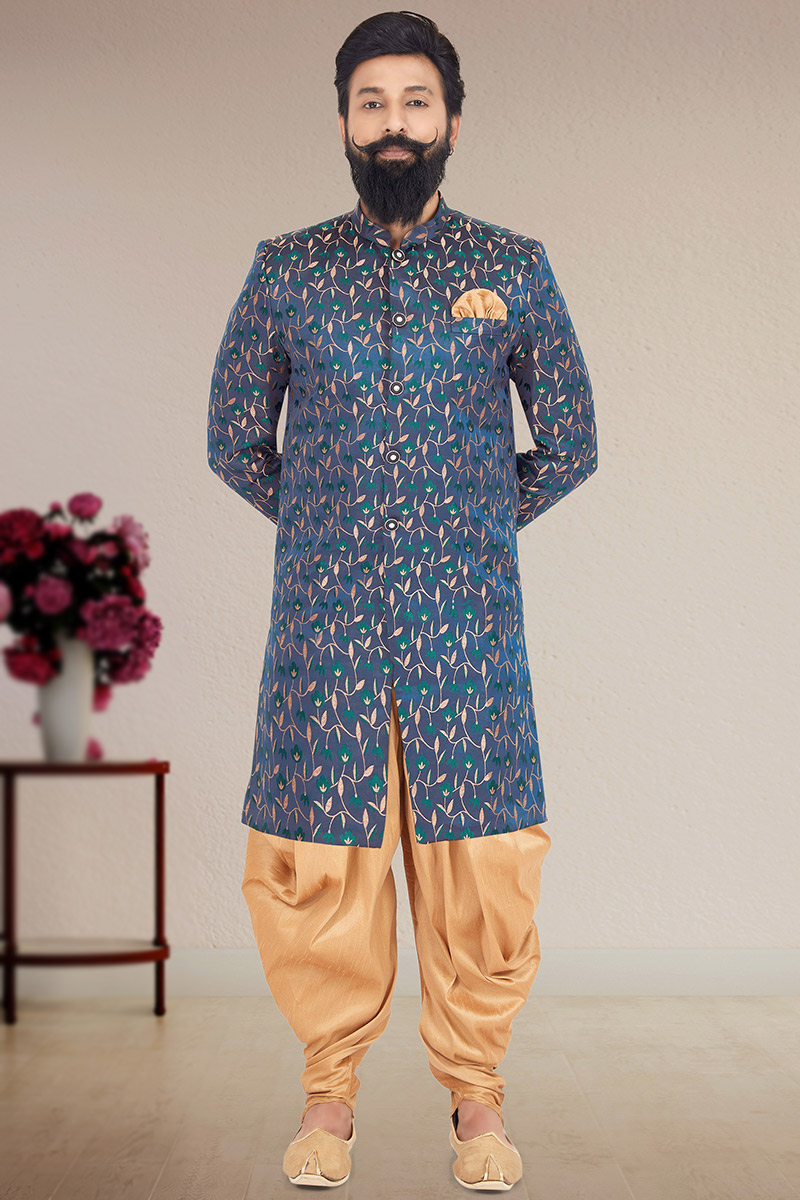 Navy Blue Silk Embroidered Men's Sherwani