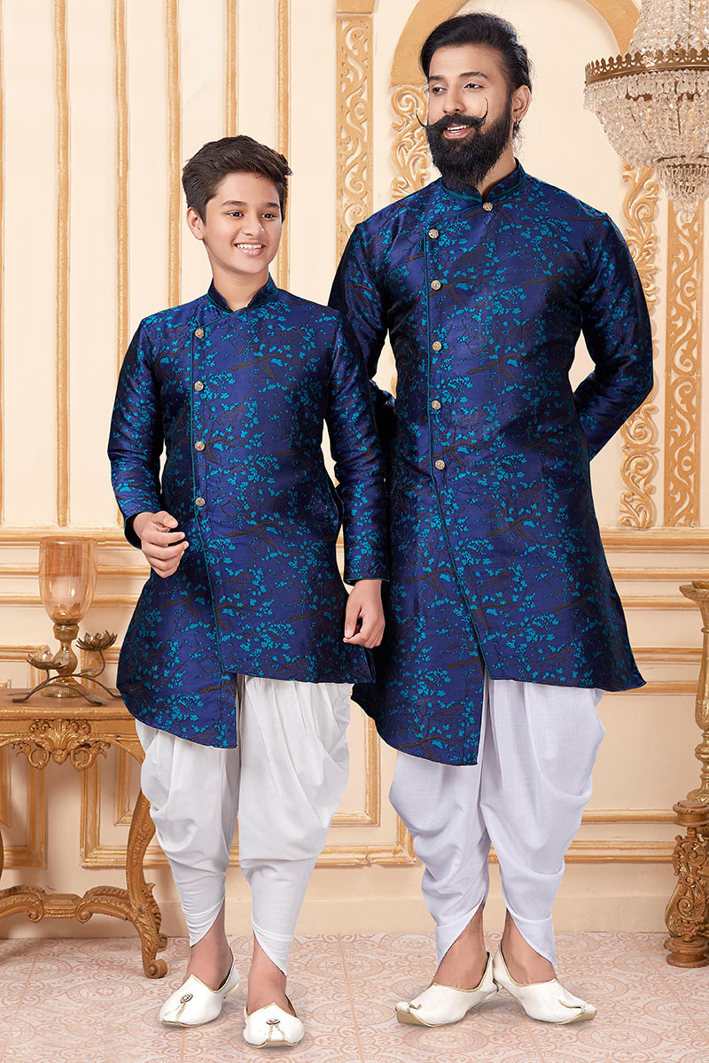 navy blue silk father son duo sherwani with dhoti mkpa02206 1