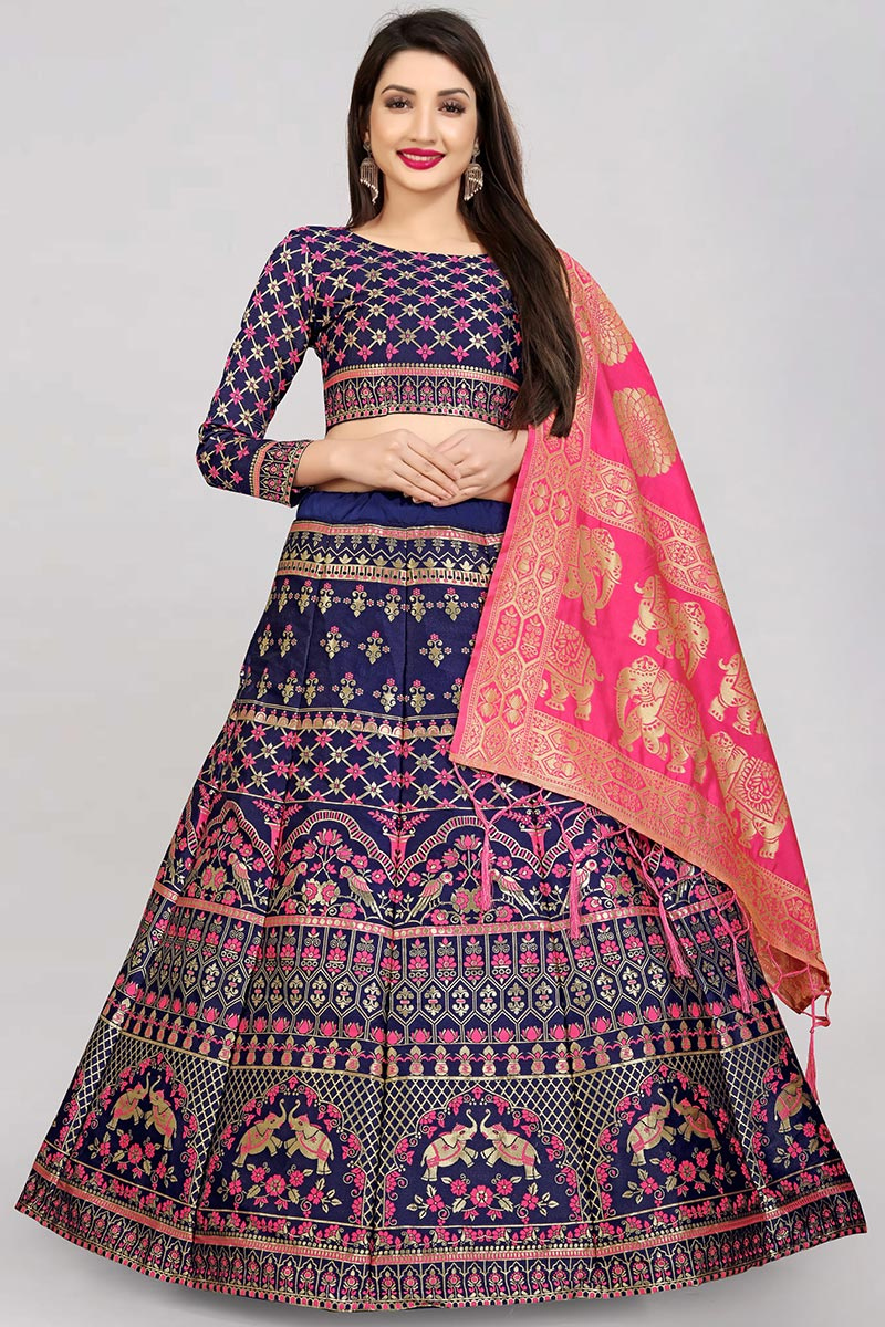 Navy Blue Silk Lehenga for Wedding Wear with Weaved Thread Work