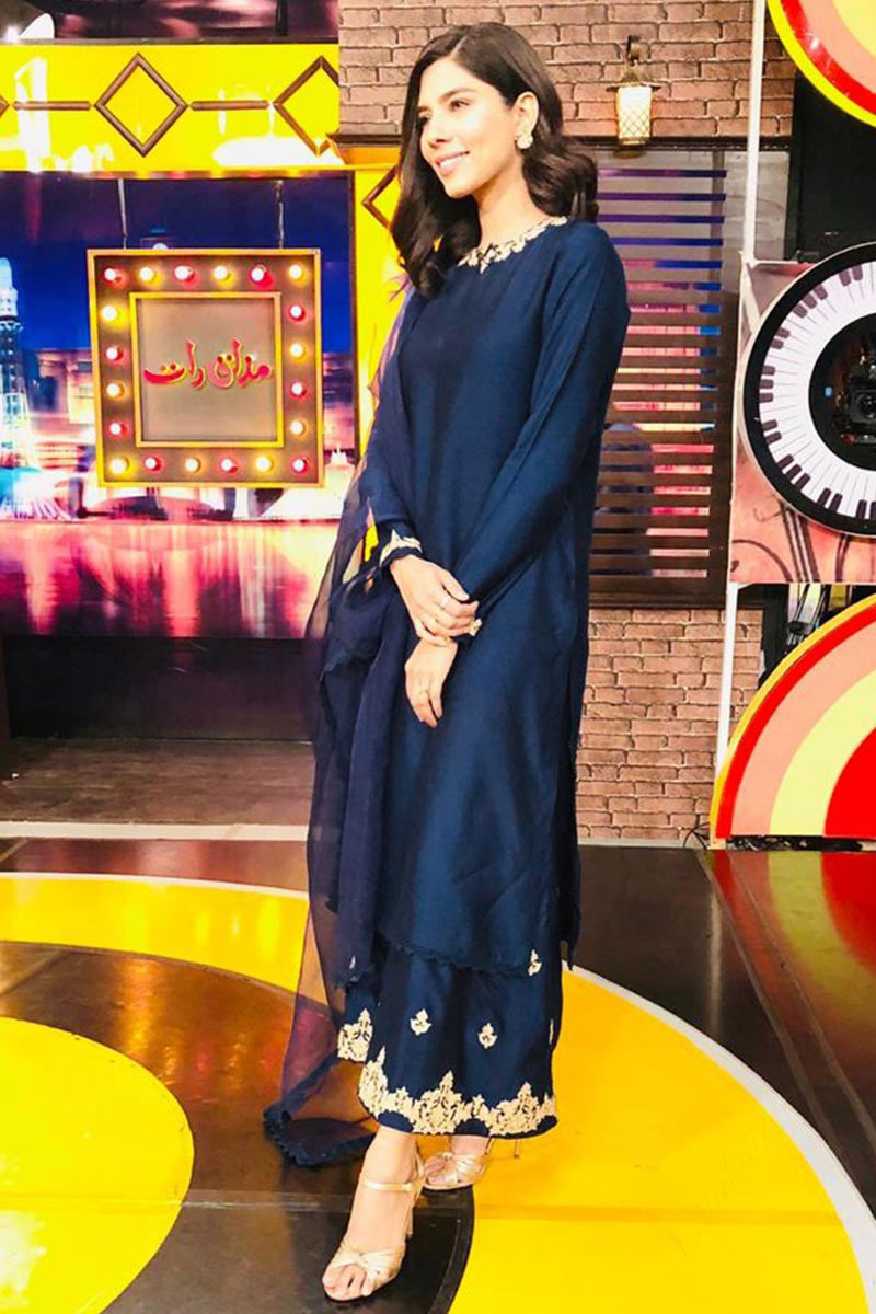 Navy Blue Color Pakistani Pant Style Suit With Heavy Embroidered Work