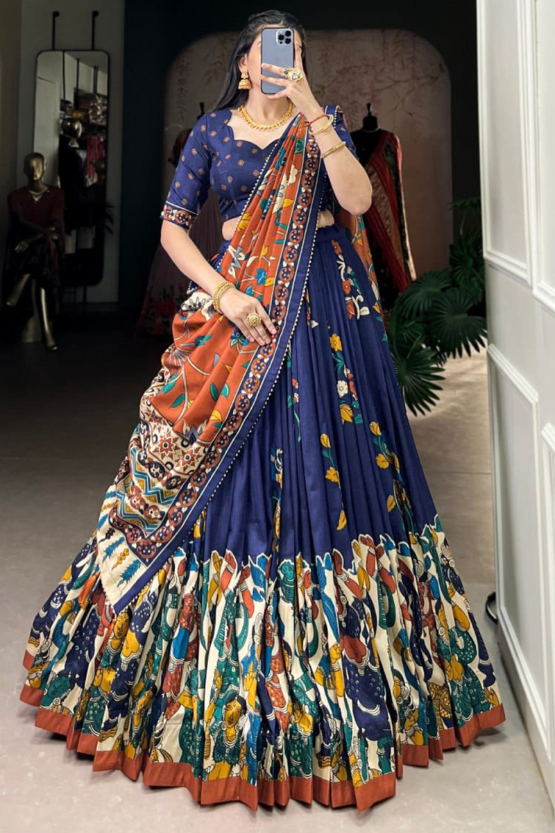 Navy Blue Silk Printed Flared Style Lehenga