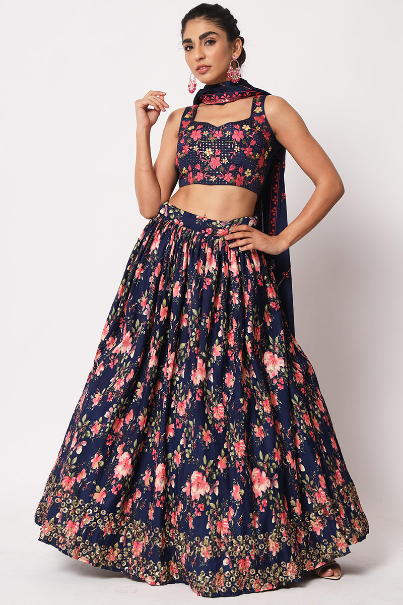 Silk Lehenga with Sequins Embroidery in Navy Blue for Sangeet